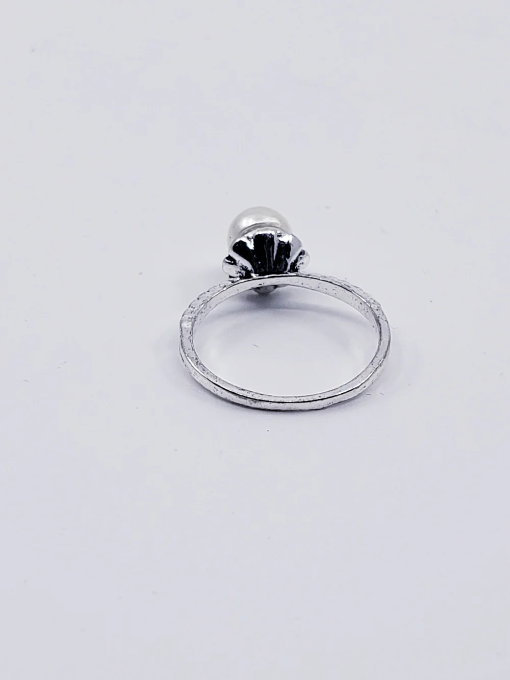 Classic (Daintier) White Pearl Ring with Beaded Silver Band Sz 7.25